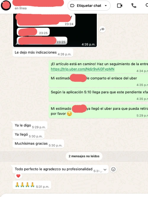 Mensaje de un emprendedor extranjero con negocio en Quito agradeciendo a Quito Imprenta por su pedido