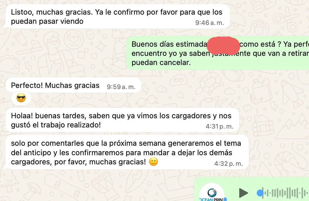 Conversación de José agradeciendo el trabajo realizado por Quito Imprenta